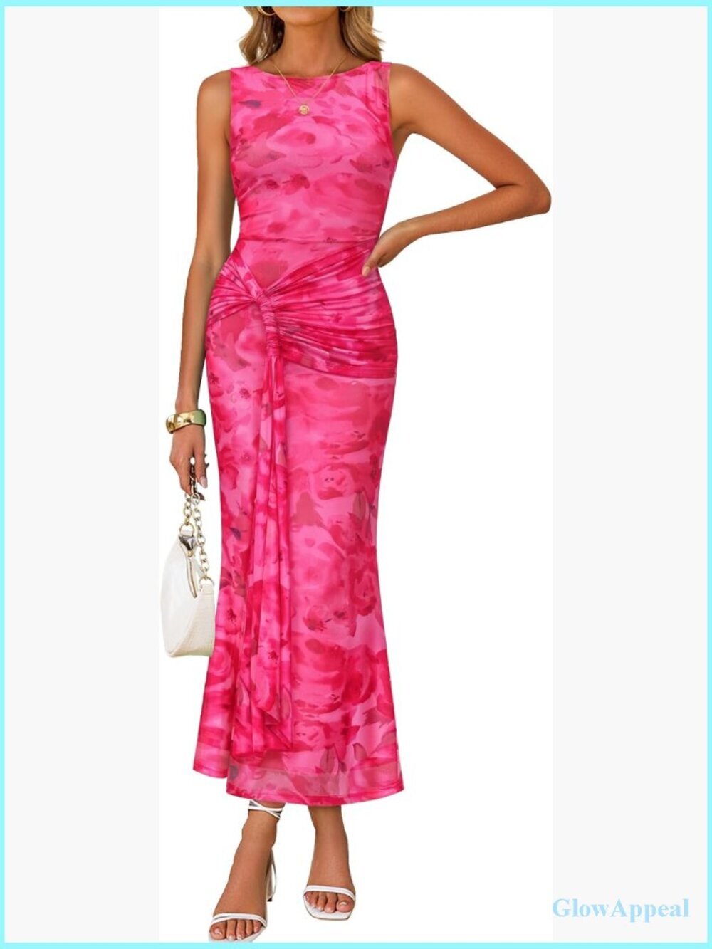 Sleeveless Bodycon Ruched Maxi Dress Crewneck Mesh Wedding Guest Cocktail